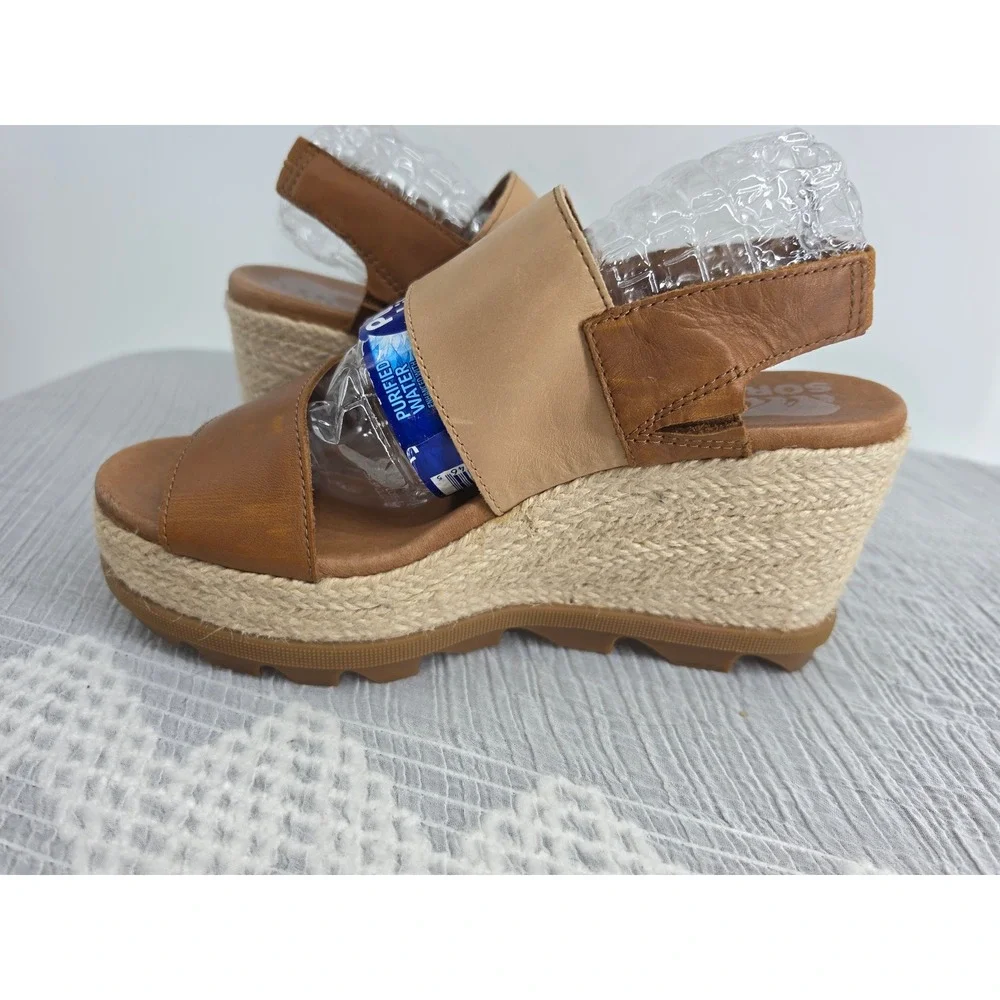 Sorel Joanie II Espadrille Wedge Sandals Tan Brown Leather Slingback 8.5